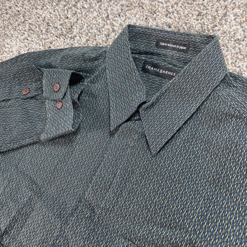 Jhane Barnes Men's L Long Sleeve Button Down Shirt Fabric Woven in Japan Teal